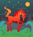 Red horse stands in the meadow at night